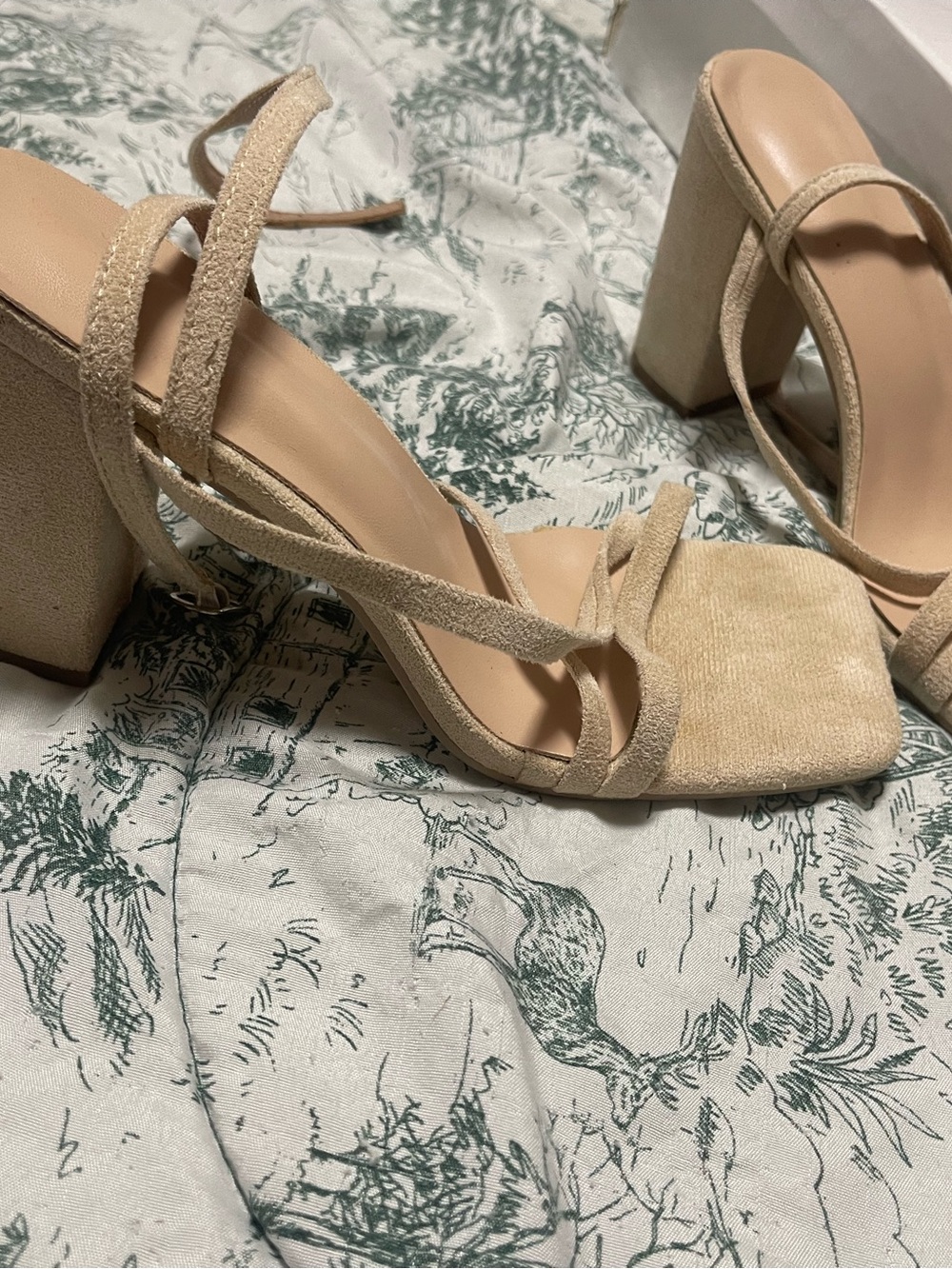Beige Suede Block Heel Sandals - Women's Strappy Heels